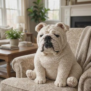 Può includere: Una statuetta di bulldog all'uncinetto color crema con una superficie in filato testurizzato, caratterizzata da naso e bocca grigio scuro, orecchie piegate e una postura seduta robusta, realizzata con anelli di filato visibili.