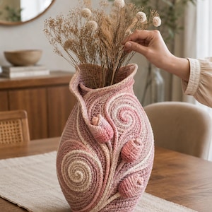 May include: A crochet vase in shades of pink and cream featuring a textured surface with raised spiral patterns and three-dimensional tulip motifs. The vase contains a bouquet of dried flowers with small, round, light-colored seed heads.