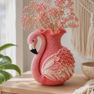 Crochet Flamingo Vase Pattern: Tropical Bird Flower Holder, Pink Amigurumi Home Decor PDF