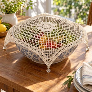 Può includere: Una copertura per alimenti quadrata all'uncinetto color crema con un motivo floreale centrale e un disegno a griglia. I bordi presentano una finitura smerlata e perline di vetro trasparente agli angoli, sopra una ciotola blu e bianca.