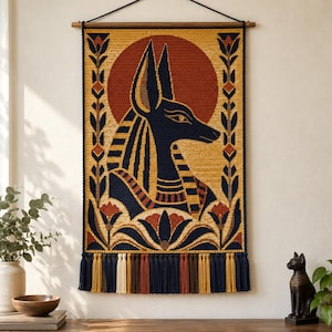 Könnte beinhalten: Ein rechteckiger Wandbehang aus Häkelarbeit mit dem Profil der ägyptischen Gottheit Anubis in den Farben Schwarz, Gold und Rost. Das Design zeigt stilisierte Lotusblumen, ein kreisförmiges Sonnenmotiv und einen unteren Rand mit bunten Quasten.
