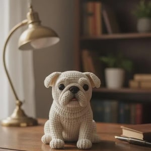 May include: A cream-colored crocheted bulldog figurine with a wrinkled face, floppy ears, and large black eyes. The small stuffed animal is crafted with visible yarn stitches, featuring a short snout and a tiny pink tongue visible in its mouth.