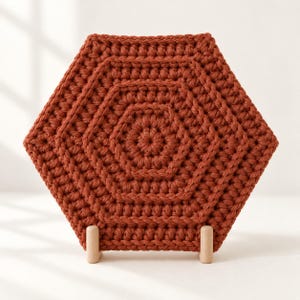 May include: A hexagonal crochet coaster in a solid burnt orange color, featuring a textured, concentric stitch pattern. The coaster is supported by two small, light-colored wooden pegs that hold it in an upright, vertical position.