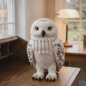 Peut inclure: Une figurine de harfang des neiges crochetée à la main, composée de fil blanc avec des détails d'ailes tachetés de gris, une poitrine texturée, de grands yeux jaunes à pupilles noires et un bec noir pointu. Le hibou repose sur deux pattes aux griffes gris foncé.
