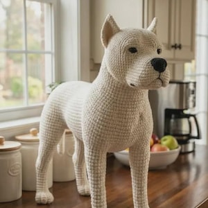 May include: A cream-colored crochet dog figurine featuring a textured yarn construction, pointed ears, and a black nose. The standing canine figure is crafted with detailed stitching, capturing the shape of a muscular dog with a short, alert posture.