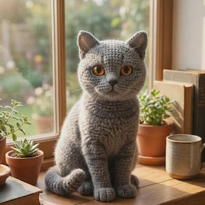 May include: A grey crocheted cat figurine with large, round, amber-coloured eyes. The cat is crafted with a visible yarn texture, featuring pointed ears, a small dark nose, and a seated posture. The yarn work creates a dense, uniform stitch pattern.