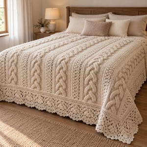 May include: A cream-colored crocheted bedspread featuring prominent vertical cable knit patterns and a decorative scalloped lace border. The textile is draped over a bed with multiple pillows, showcasing intricate yarn work and texture.