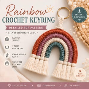 Handmade Gift Idea Rainbow Crochet Keyring, PDF Pattern, DIY Bag Charm & Keychain Tutorial