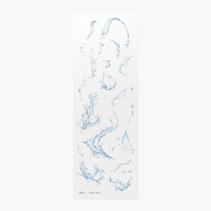 May include: A sheet of decorative stickers featuring various blue water splash and droplet illustrations on a white background. The bottom left corner contains the text "물방울 Water spray" in small black lettering, showcasing fluid liquid motion.
