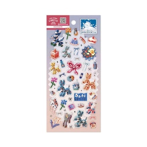 May include: A sticker sheet titled CREATION CIRCUS HOHOEMI featuring various illustrations including balloon animals, cakes, bows, flowers, a fried egg, a milk carton, and small decorative stars on a light purple and pink gradient background.