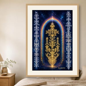 Könnte beinhalten: Ein gerahmter Wandkunstdruck mit einem zentralen goldenen geometrischen Symbol, umgeben von einem Regenbogenbogen vor einem dunkelblauen Sternenhintergrund. Zwei vertikale Spalten mit weißen, komplizierten Symbolen flankieren die Mitte. Der Name Razvan Ro ist aufgedruckt.