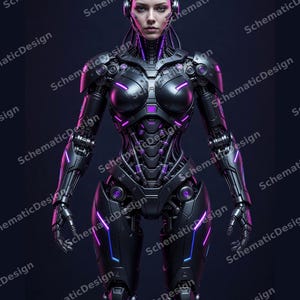 Puede incluir: Un robot humanoide con acabado metálico negro y detalles en violeta brillante. La figura presenta un complejo blindaje mecánico, cableado expuesto y un casco con componentes de audio integrados sobre un fondo oscuro.