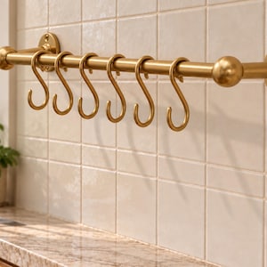 Porta pentole in ottone non verniciato con ganci a S, porta utensili da cucina a parete