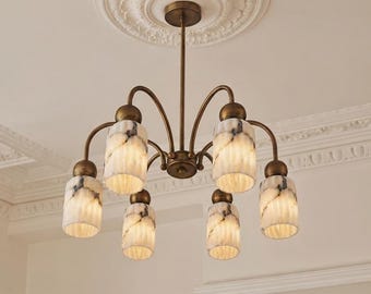 Alabaster Chandelier, Contemporary Brass Ceiling Fixture, Elegant Living Room Lighting, 6-Light Hanging Pendant Decor