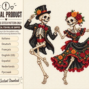 May include: A digital cross stitch pattern featuring two skeletons dancing. The male skeleton wears a black tuxedo, top hat, and red bowtie. The female skeleton wears a black dress with red and orange floral accents. Text includes DIGITAL PRODUCT.