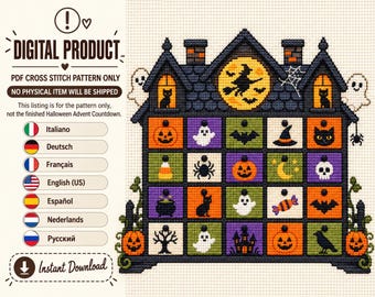 Pode incluir: Um padrão digital de ponto cruz apresentando um calendário do advento de Halloween em forma de casa. O design inclui uma silhueta de bruxa, fantasmas, abóboras, gatos pretos, morcegos e aranhas em uma grade de vinte e quatro quadrados.
