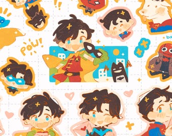 Hoja de pegatinas de la Batfamilia: Robin, Nightwing, Red Hood, Superman y Batman.