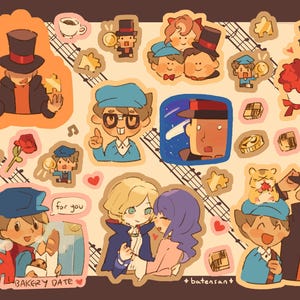 Könnte beinhalten: Eine Sammlung von Cartoon-Aufklebern mit Charakteren in Zylindern und blauen Mützen, Puzzleteilen, Rosen und Musiknoten. Ein Aufkleber zeigt ein Bäckerei-Date mit dem Text for you und BAKERY DATE. Der Künstlername batensan ist sichtbar.