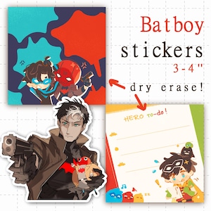 May include: A collection of dry erase stickers featuring cartoon characters, including a notepad with the text "HERO to-do!" and "Batboy stickers 3-4"", and illustrations of characters in red and blue outfits, one holding a firearm.