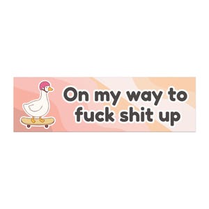 May include: A rectangular sticker featuring a light peach and pink wavy background. On the left, a white goose wearing a pink helmet stands on a skateboard. To the right, the text "On my way to fuck shit up" is printed in bold, dark brown letters.