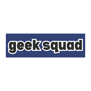May include: A rectangular sticker featuring a dark blue background with the text geek squad written in bold black lowercase letters. Each letter is outlined in a thick white border, creating a high-contrast graphic design for the logo.