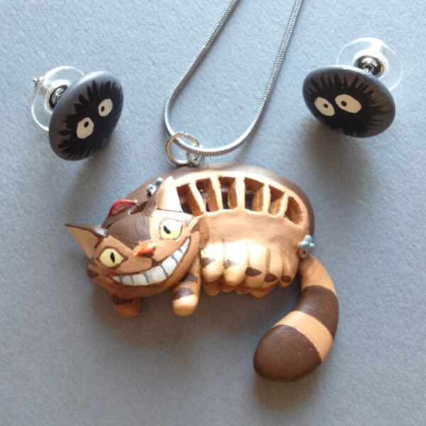 Totoro Catbus and Dust Mote Necklace/Earring Set