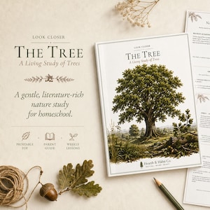Könnte beinhalten: Ein gedruckter Studienführer mit dem Titel The Tree: A Living Study of Trees mit einer Titelillustration eines großen Eichenbaums. Das Set enthält mehrere Textseiten, einen Bleistift, ein Stück Schnur, eine Eichel und Eichenblätter.