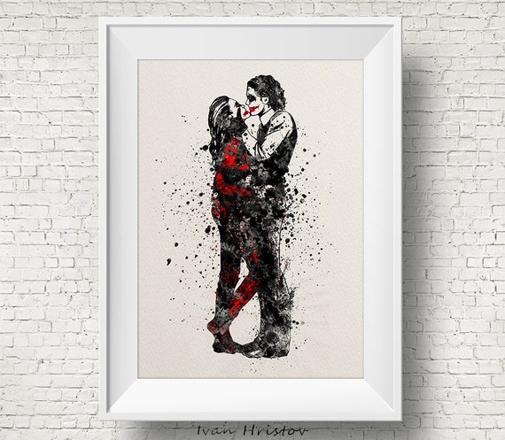 Joker And Harley Quinn Kiss Inspired Watercolor Painting Print Fine Art Print Art Super Hero Wall Decor Art Home Decor Wall Hanging