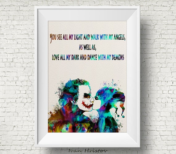 Joker And Harley Quinn Inspired Colorful Quote Kiss Watercolor Etsy