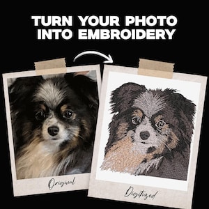 Pode incluir: Dois quadros de fotos quadrados em um fundo preto com o texto TURN YOUR PHOTO INTO EMBROIDERY. O quadro esquerdo mostra uma fotografia colorida de um cão tricolor rotulada como Original. O quadro direito mostra um design de bordado correspondente rotulado como Digitized.