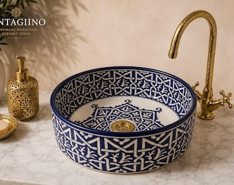 Blue Moroccan Ceramic Vessel Sink, Handmade Bathroom Sink, Luxury Countertop Basin