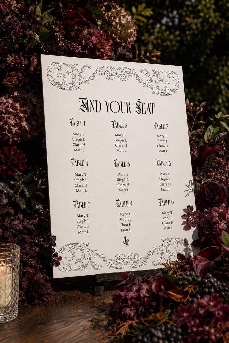 May include: A white rectangular wedding seating chart sign with black text and ornate scrollwork borders. The sign features the heading FIND YOUR SEAT followed by a list of nine tables, each containing the names Mary T, Steph L, Clara H, and Matt L.