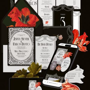 May include: A wedding stationery set featuring black and white ornate frames, floral accents with red and orange petals, and text including Jesinta & Carlos, Find Your Seat, Menu, Table 3, The Finer Details, and RSVP. Includes a smartphone and laptop display.