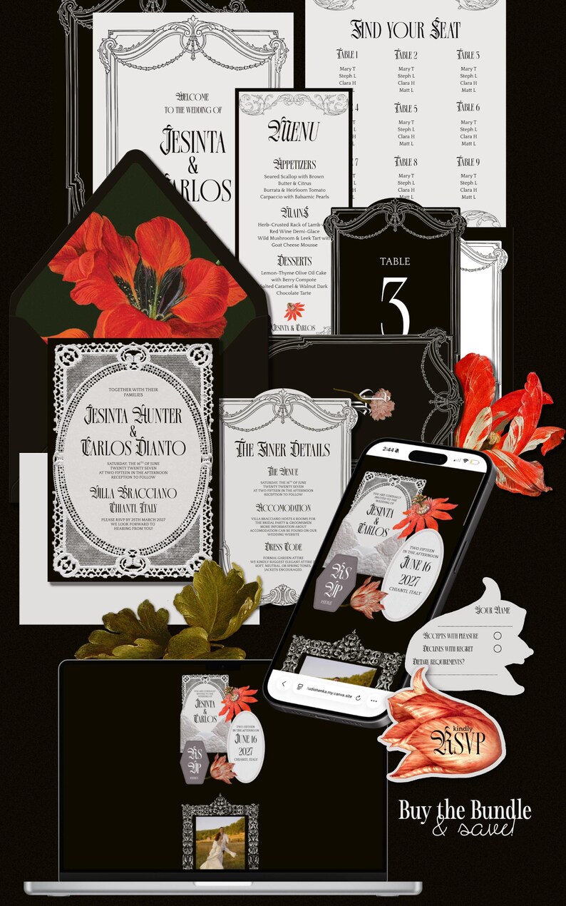 May include: A wedding stationery set featuring black and white ornate frames, floral accents with red and orange petals, and text including Jesinta & Carlos, Find Your Seat, Menu, Table 3, The Finer Details, and RSVP. Includes a smartphone and laptop display.
