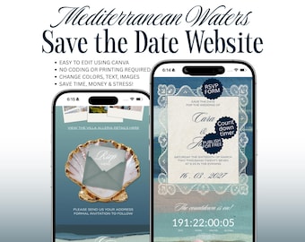 Mediterranean Island Waters Wedding Website Template: Mykonos Save the Date (Canva Editable)