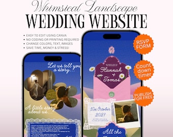 May include: Two smartphones displaying a wedding website template with blue, pink, and yellow backgrounds. The screens feature text including "Whimsical Landscape WEDDING WEBSITE," "Hannah + Tomas," "10th October 2027," and "All the Details!" along with photos and floral graphics.