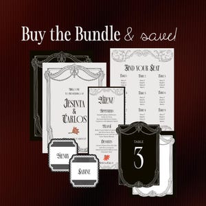 May include: A collection of wedding stationery featuring black and white designs with ornate frames. The set includes a welcome sign for Jesinta & Carlos, a menu, a seating chart, table number 3, and place cards for Henry and Sabine with text.