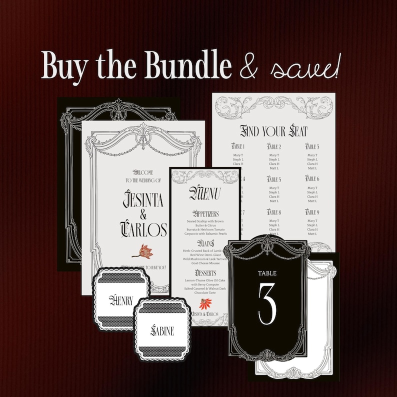 May include: A collection of wedding stationery featuring black and white designs with ornate frames. The set includes a welcome sign for Jesinta & Carlos, a menu, a seating chart, table number 3, and place cards for Henry and Sabine with text.