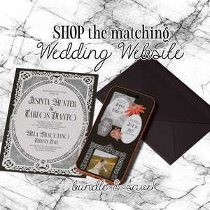 May include: A rectangular wedding invitation with a white lace-style border and black text, a black envelope, and a smartphone displaying a digital wedding website interface with floral accents and a photograph, all featuring the text SHOP the matching Wedding Website bundle & save.