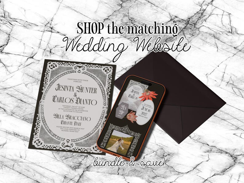 May include: A rectangular wedding invitation with a white lace-style border and black text, a black envelope, and a smartphone displaying a digital wedding website interface with floral accents and a photograph, all featuring the text SHOP the matching Wedding Website bundle & save.