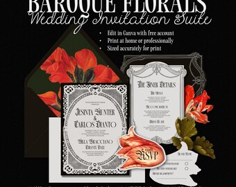 May include: A wedding invitation suite featuring a 5x7 inch main invitation, 4x6 inch details card, 2.5x3.5 inch RSVP card, and 5.25x7.25 inch envelope liner. The stationery displays black and white text with red floral accents.