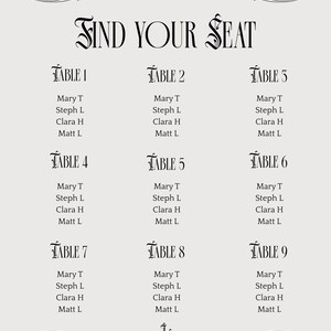May include: A light gray seating chart sign featuring black text and ornate scrollwork borders. The header reads FIND YOUR SEAT in a decorative font. Below, nine tables are listed, each with four names: Mary T, Steph L, Clara H, and Matt L.