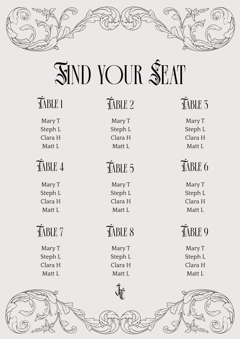 May include: A light gray seating chart sign featuring black text and ornate scrollwork borders. The header reads FIND YOUR SEAT in a decorative font. Below, nine tables are listed, each with four names: Mary T, Steph L, Clara H, and Matt L.