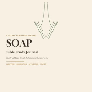 Op de afbeelding: Een crèmekleurige journal-omslag met de titel SOAP Bible Study Journal, A 28-Day Scripture Journal. Het bevat een donkergroene lijntekening van twee hangende takken, de tekst Twenty-eight days through the Names and Character of God, en SCRIPTURE, OBSERVATION, APPLICATION, PRAYER.
