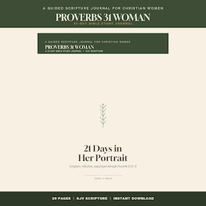 Könnte beinhalten: Ein cremefarbenes Journal-Cover mit dunkelgrünen horizontalen Streifen oben und unten. Der Text lautet Proverbs 31 Woman, 21-Day Bible Study Journal, 21 Days in Her Portrait, Scripture, reflection, and prayer through Proverbs 31:10-31.