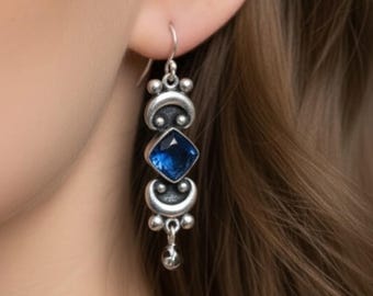 Mid-Century Mexican Sterling Silver Earrings: Cobalt Blue Art Glass Dangles (925)