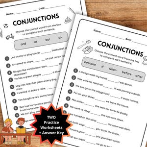 Könnte beinhalten: Zwei Arbeitsblätter mit der Überschrift CONJUNCTIONS und Lückentexten. Das erste Blatt enthält die Wörter and, or, but, so, während das zweite because, if, when, before, after enthält. Beide Seiten zeigen schwarz-weiße Strichzeichnungen.