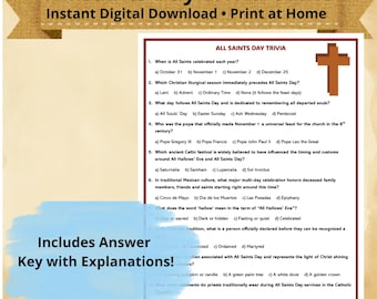 May include: A printable All Saints Day trivia game sheet featuring ten multiple-choice questions about religious history and traditions. The document includes a brown cross graphic and a blue overlay with the text Includes Answer Key with Explanations!