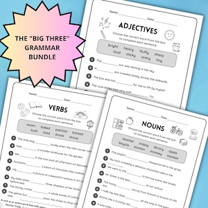 Peut inclure: Un ensemble éducatif de grammaire comprenant trois feuilles d'exercices intitulées Adjectives, Verbs et Nouns. Chaque page contient des phrases à trous, des listes de mots et des illustrations en noir et blanc comme un soleil, un chaton et un vélo.