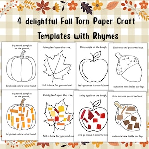 Puede incluir: Cuatro plantillas de manualidades imprimibles con dibujos en blanco y negro de una calabaza, una hoja, una manzana y una bellota. Cada plantilla incluye un verso rimado y una segunda versión parcialmente rellena con trozos de papel rasgado.